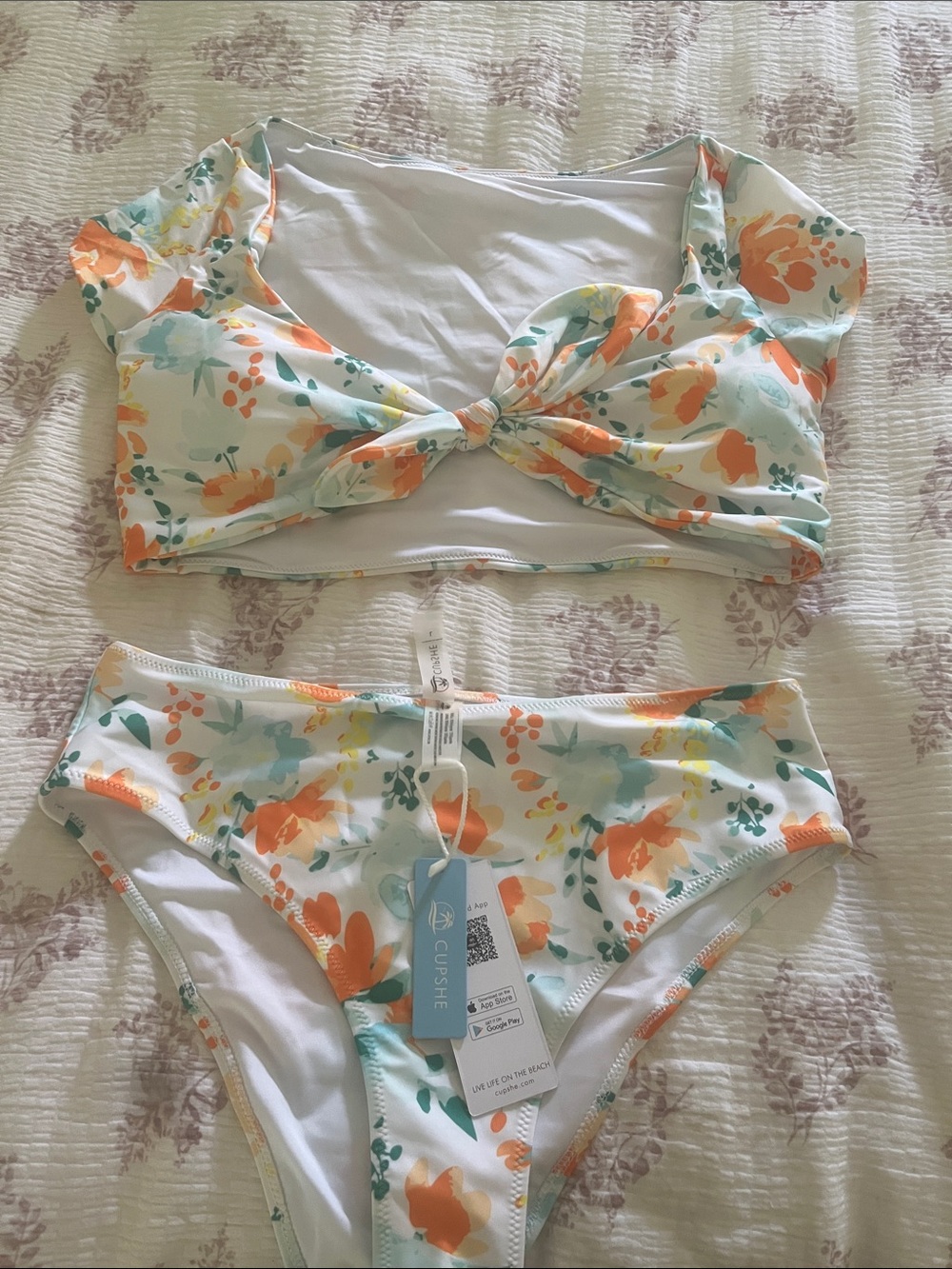 Cupshe White Floral Bikini Set with Orange and Teal Accents